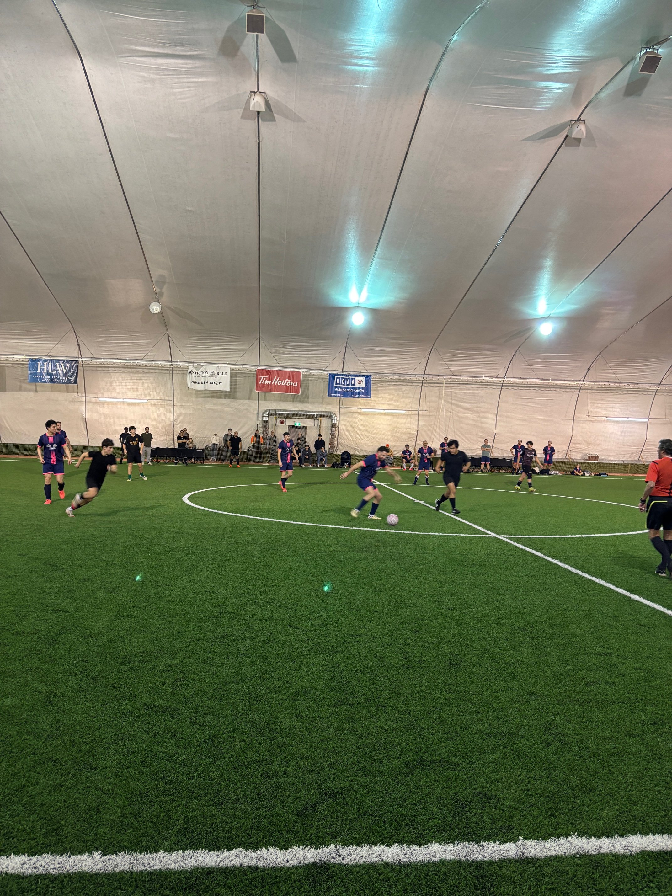 Action from the 2026 Indoor Div 2 Cup Final - Gentlemen FC vs Latin Kings in South Okanagan Men's Soccer League