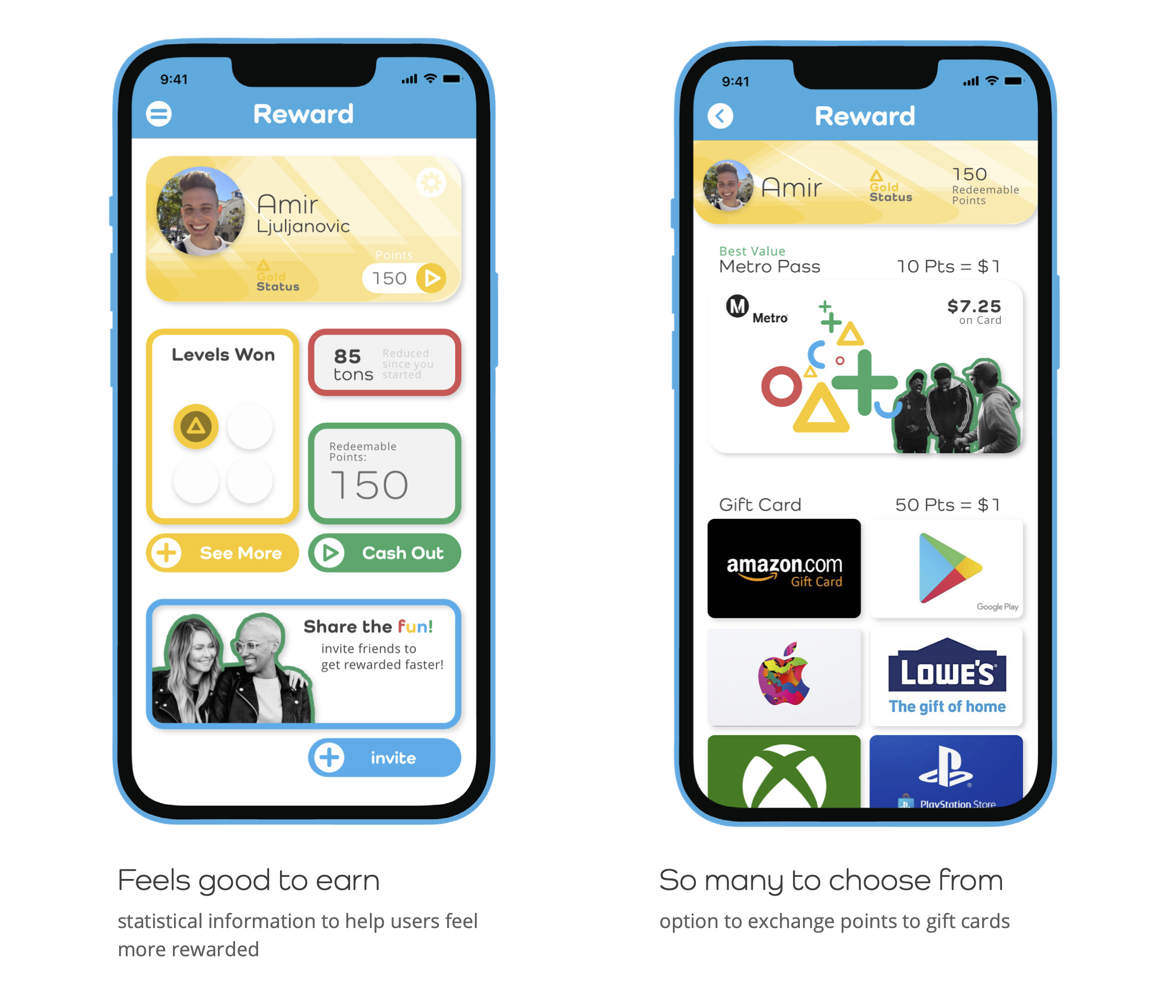 Users can redeem points for a reward while also learning about their accomplishments within the game.