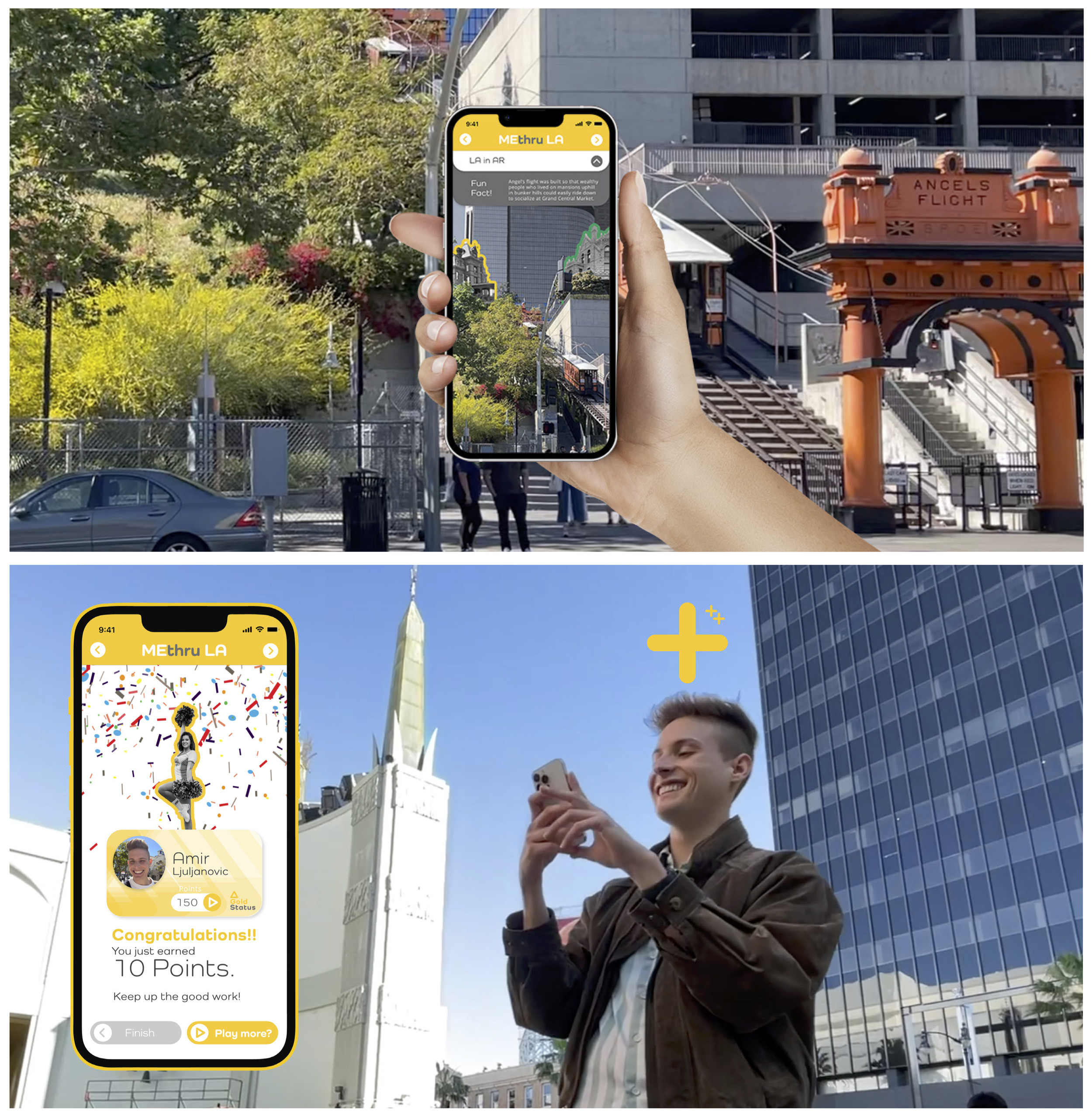 Augmented Reality is embedded so that users can engage with their surroundings and learn more about their city. By doing so, users will earn points that can be redeemed towards gift cards or metro passes.