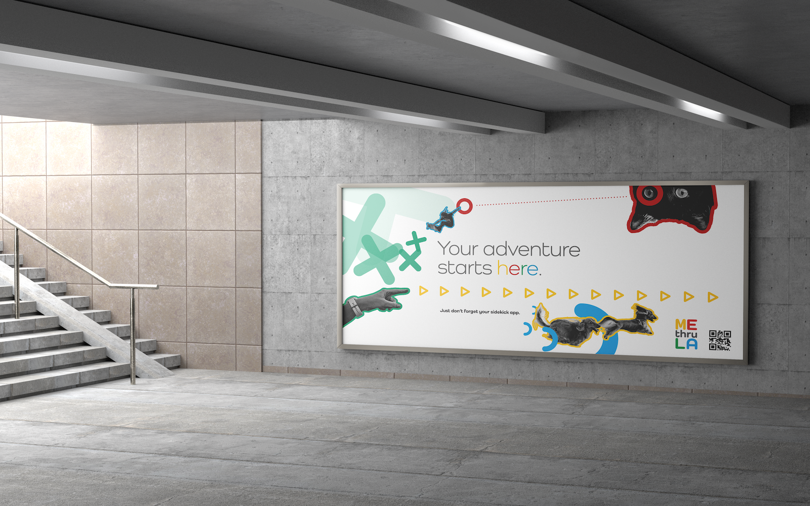 The subway entrance ad welcomes riders.