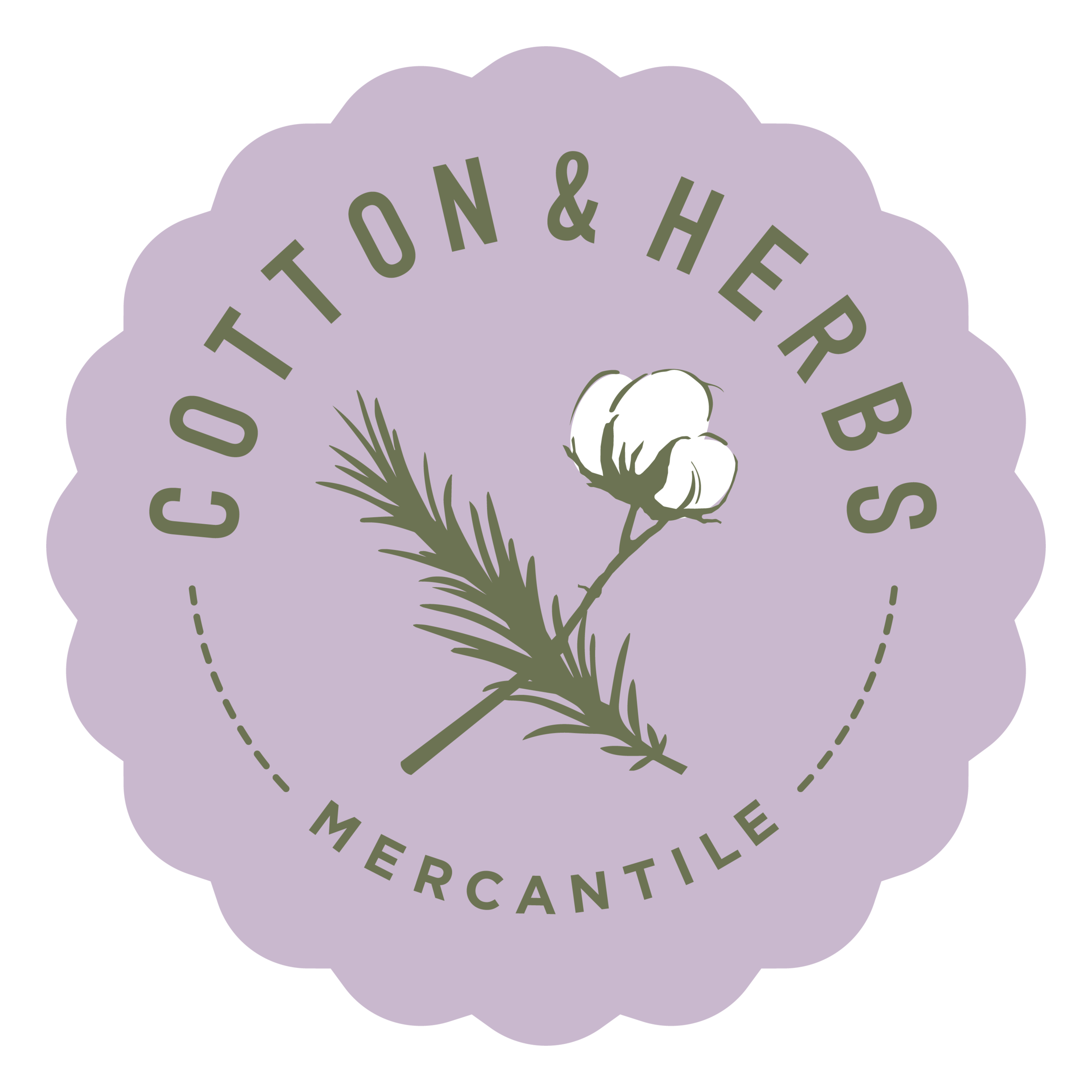 A lavender round logo with a cotton plant and pine branch illustration in the center, and the text 'Cottonon & Herb's Mercantile' in a circular arrangement.