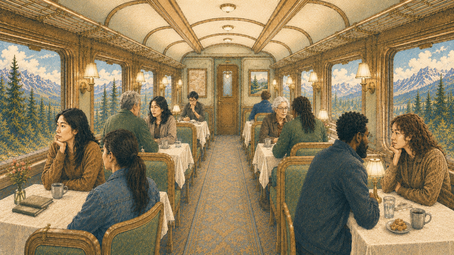 People in quiet conversation in a train dining car