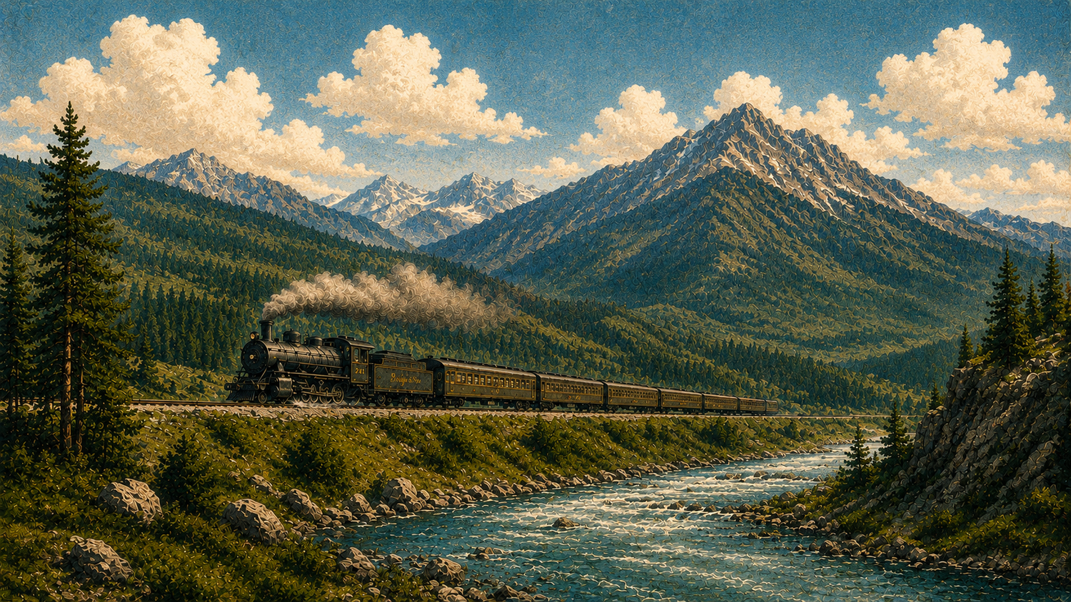 A steam train moving through mountain landscape