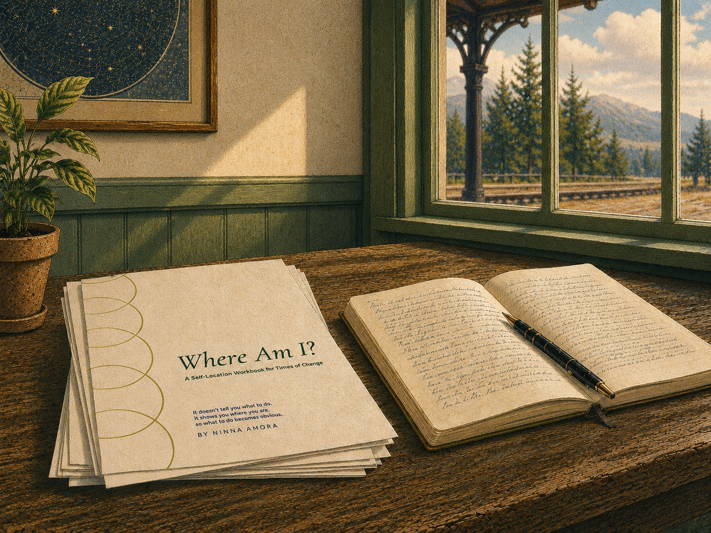 A quiet station desk with the Where Am I workbook and an open journal