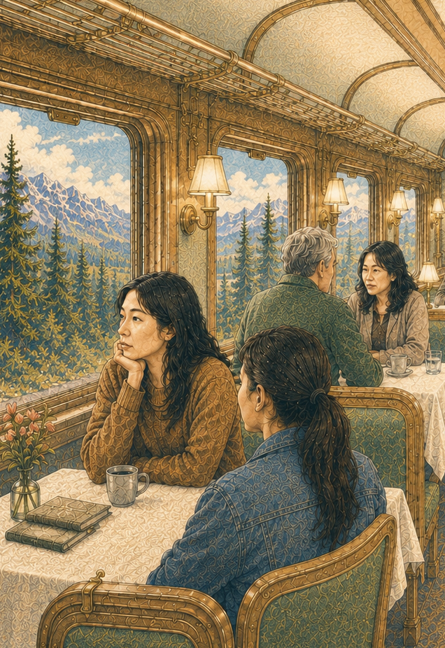 People in quiet conversation in a train dining car