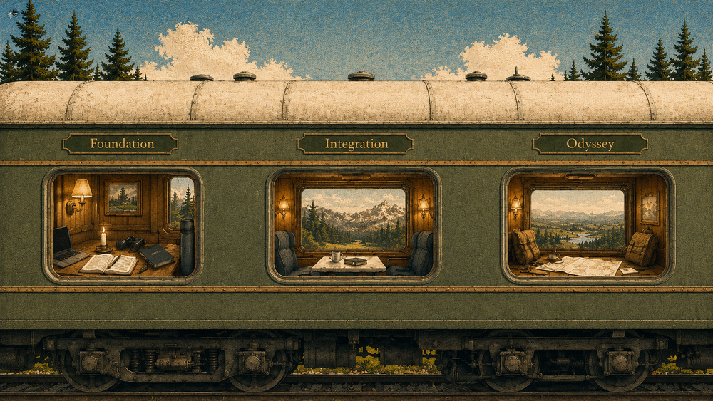 Three labeled train cabin windows showing Foundation, Integration, and Odyssey