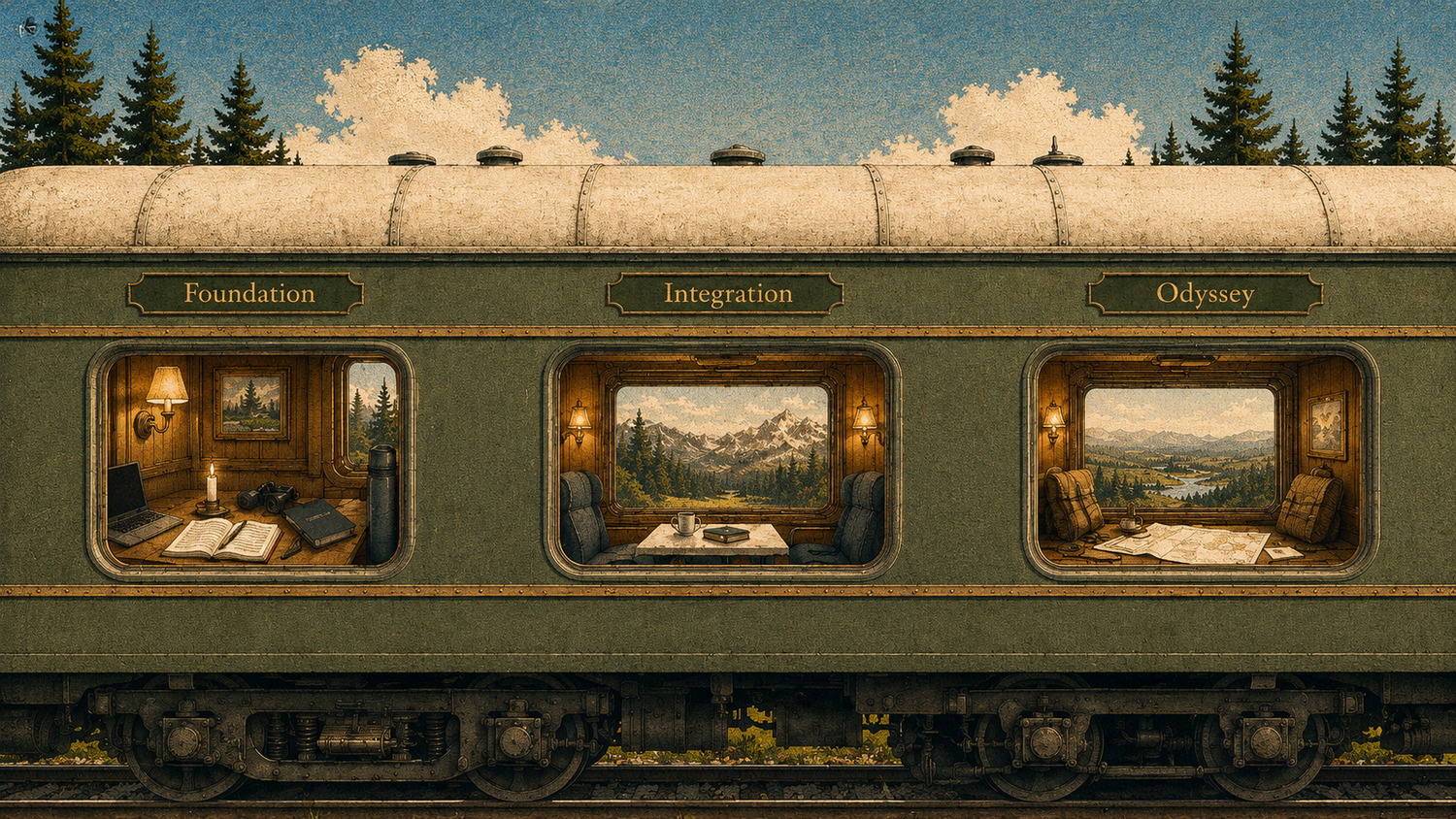 Three labeled train cabin windows showing Foundation, Integration, and Odyssey