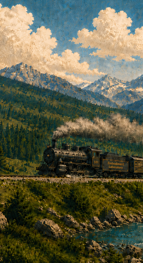 Train moving through mountain landscape