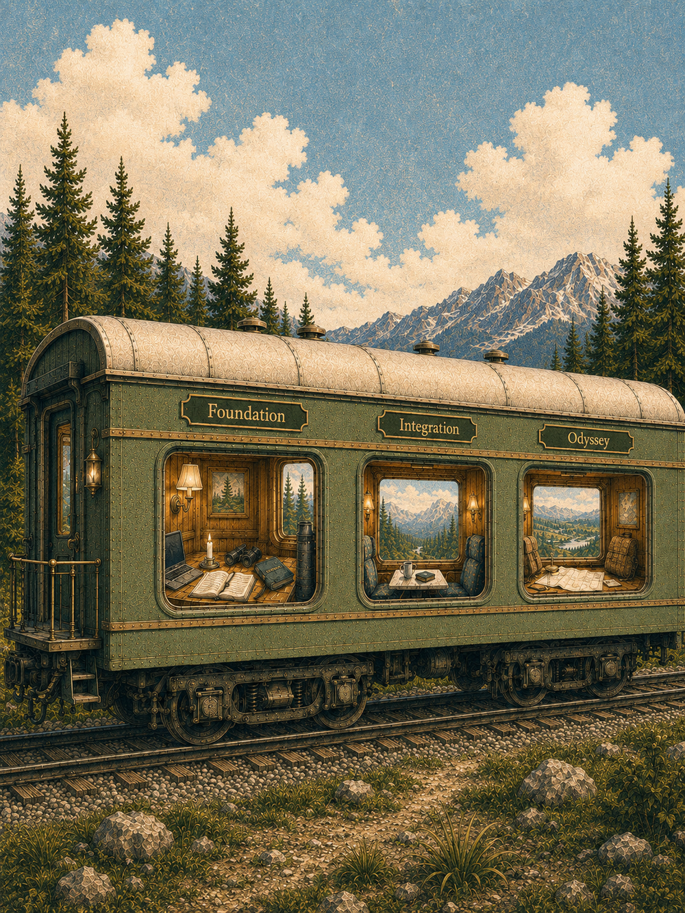 Train cabin windows labeled Foundation, Integration, Odyssey