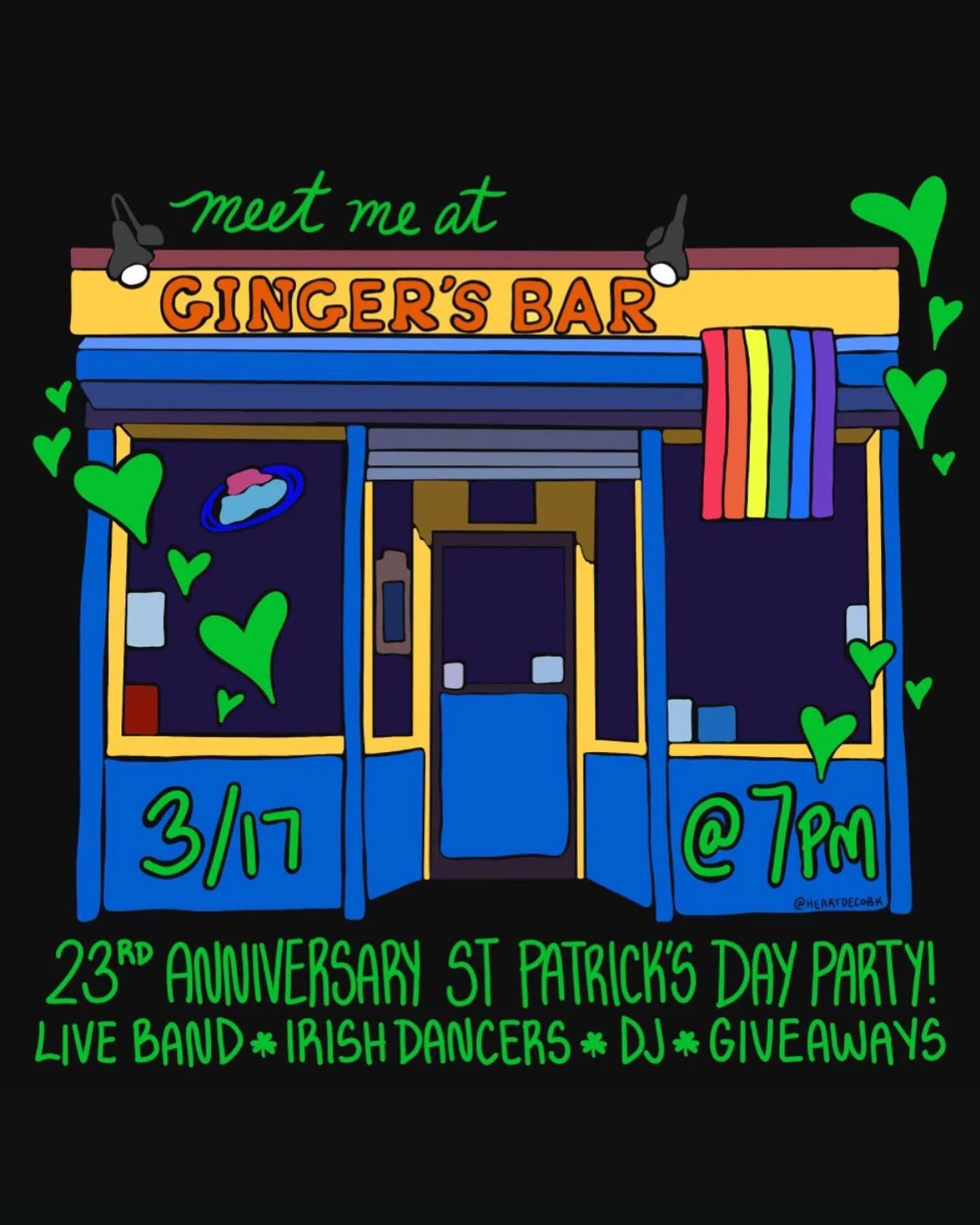 Ginger&rsquo;s St Patrick&rsquo;s Day Anniversary party is back on 3/17/23 (we&rsquo;re celebrating 23 years!) and we&rsquo;re going to rock our queer socks off! Buckle Up! 💜☘️🇮🇪😘.

(ty @heartdecobk ).