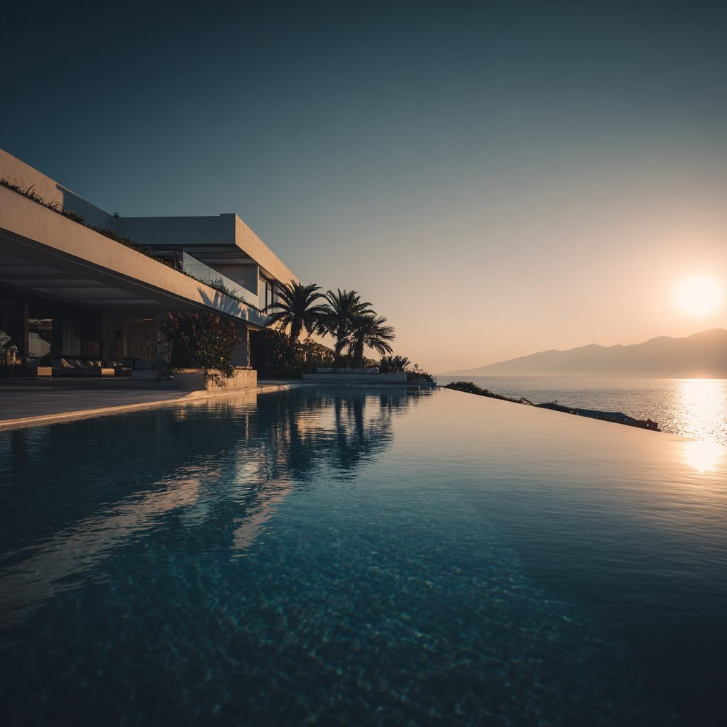 Piscina a sfioro con vista sul mare e monti al tramonto, nel giardino di una casa moderna con palme e zone living all'aperto.