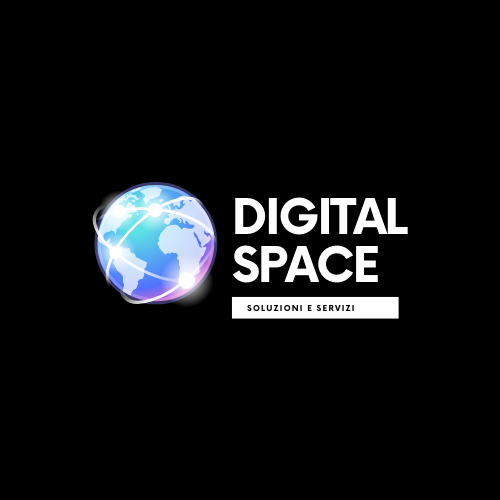 Logo di Digital Space con immagine di un globo terrestre e testo 'DIGITAL SPACE SOLUZIONI E SERVIZI' su sfondo nero.