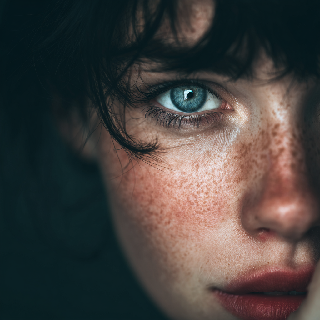 Realizzazione ai di space productions cattolica : Close-up di una donna con occhi azzurri, capelli scuri e pelle con lentiggini.