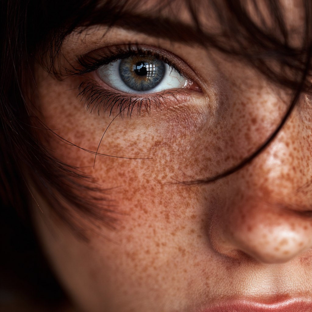 Close-up di un occhio di una persona con pelle ricoperta di lentiggini e capelli castani scuri.
