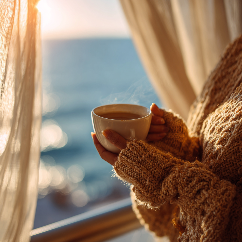 Persona che indossa un maglione di lana a maglia larga, che tiene una tazza di tè caldo con mare in background