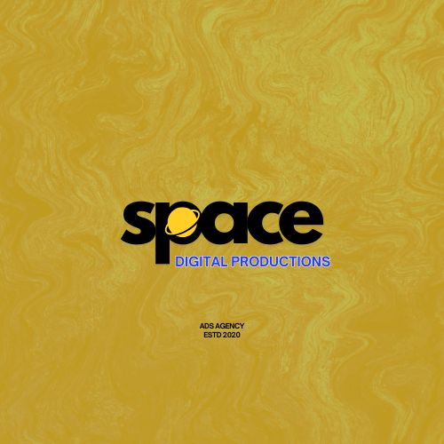 Logo con la parola 'space' in nero, con un pianeta giallo come la lettera 'a', e la scritta 'DIGITAL PRODUCTIONS' in blu sotto.