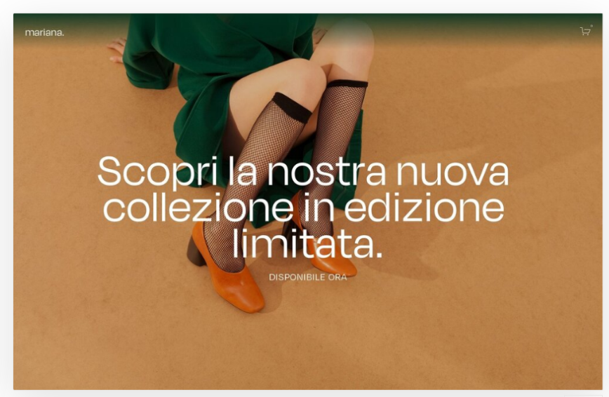 Immagine di una donna seduta a terra con una gonna verde, calze a rete e scarpe arancioni, con un testo che annuncia una collezione in edizione limitata.