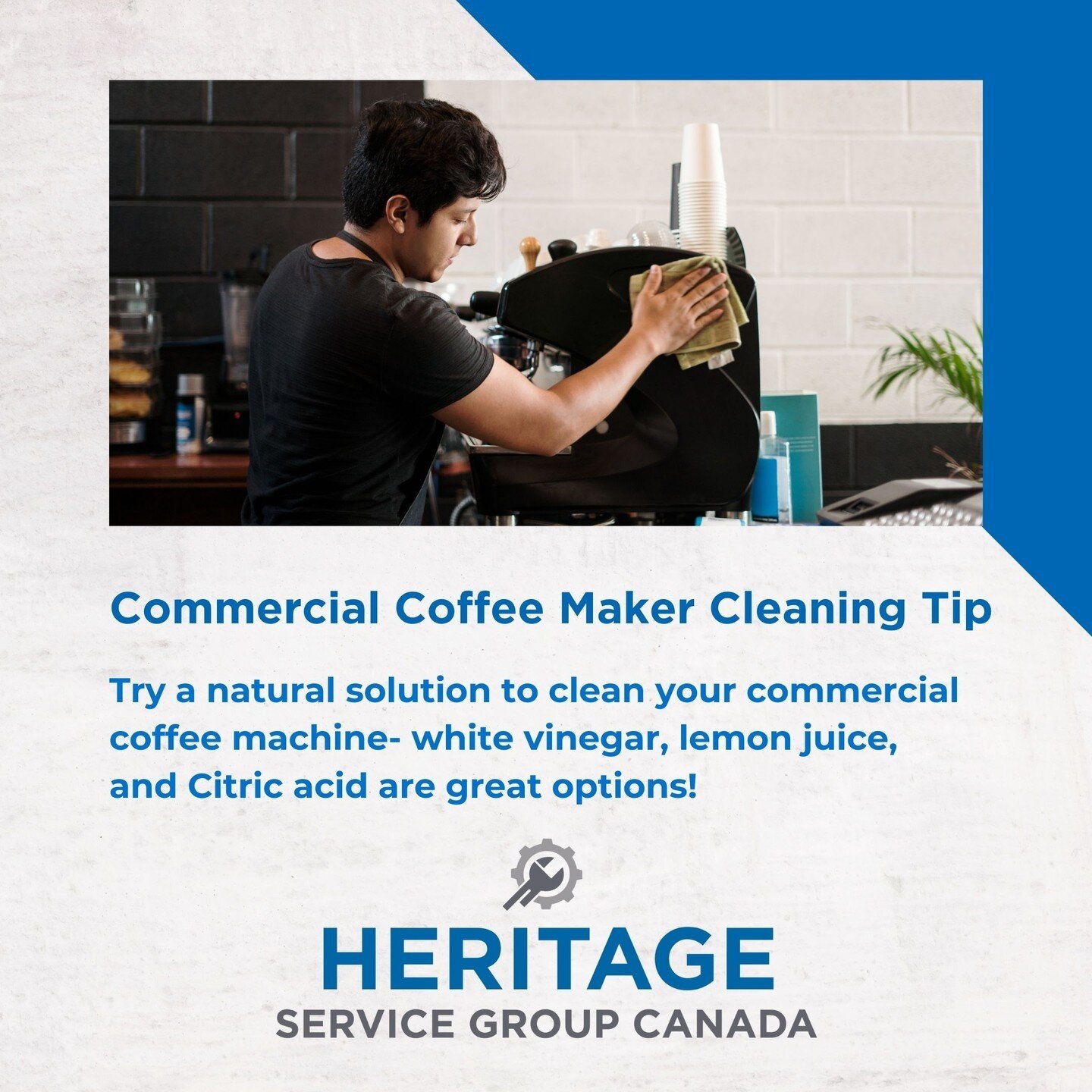 Commercial Coffee Maker Cleaning Tip⁠
⁠
Try a natural solution to clean your commercial coffee machine- white vinegar, lemon juice, and Citric acid are great options! ⁠
⁠
Need commercial coffee machine maintenance? Call Heritage Service Group Canada!