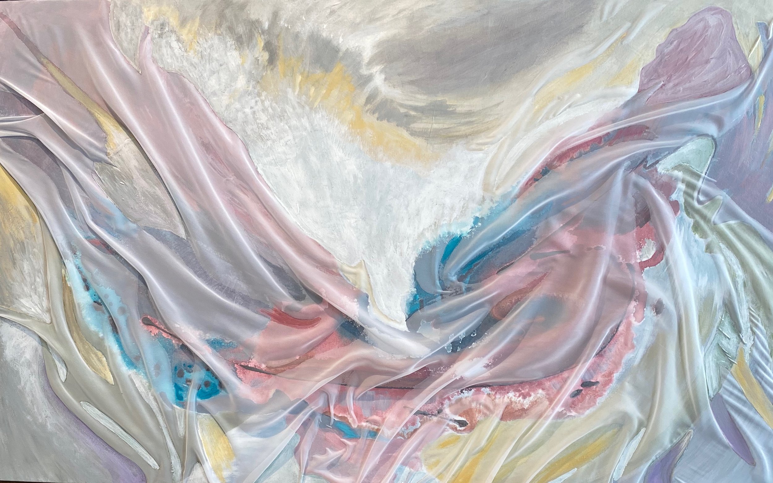 Covered Mountain, 34 x 55", fabric and acrylic on canvas