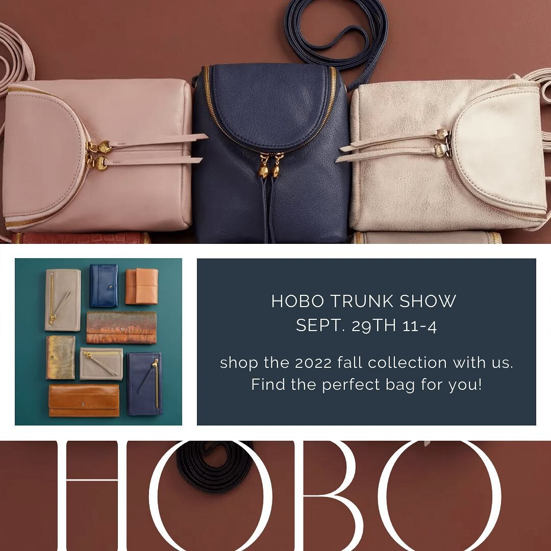 It&rsquo;s September 1st!! The fall transitions are coming in every day and we are getting excited! Fall means one of our FAV events!! 😍 HOBO trunk show Sept. 29th! 🍂🥧👝📔 #hobo #hobotheoriginal #trunkshow #sipandshop