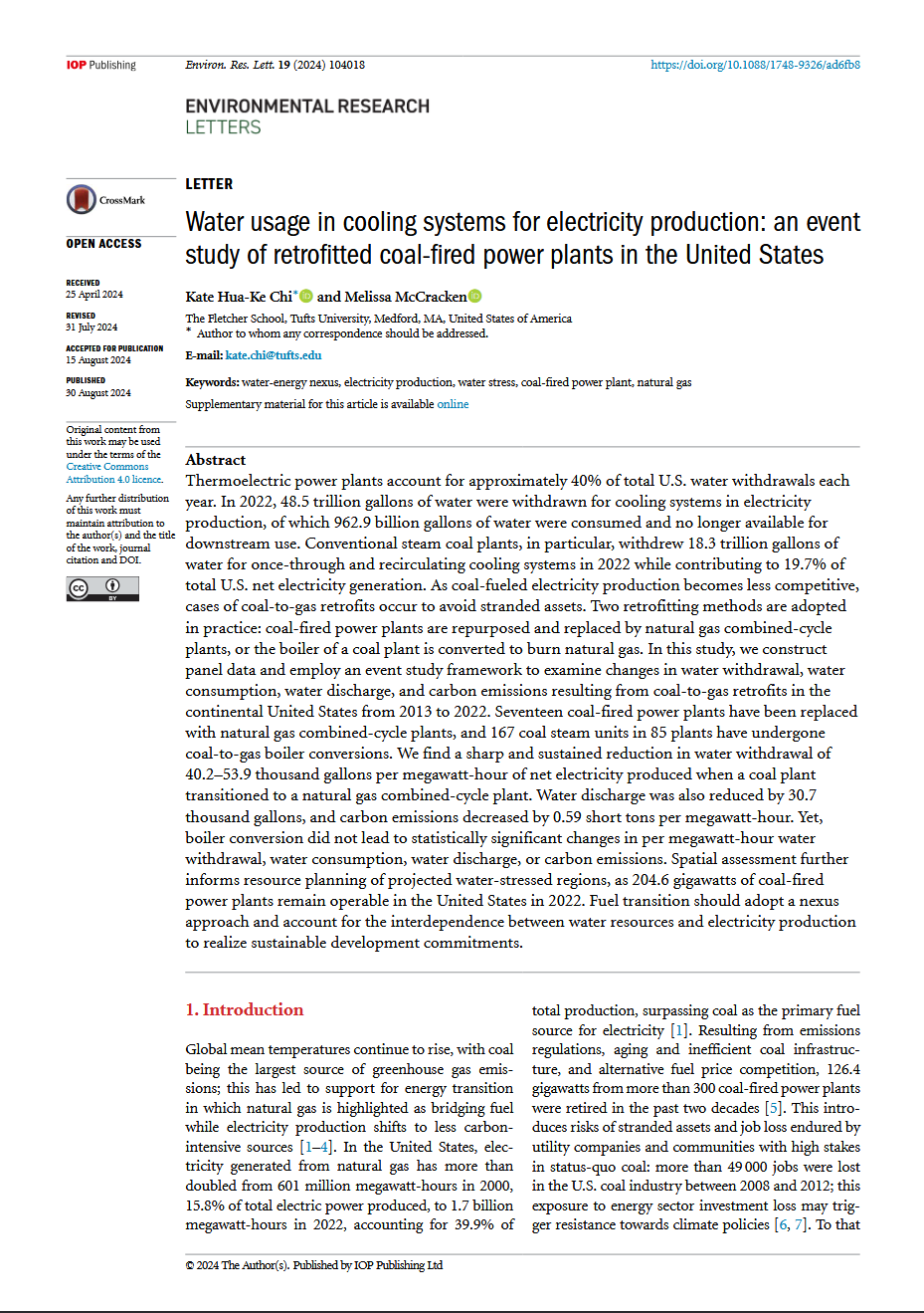 Water Usage in Cooling Systems for Electricity Production: An Event Study of Retrofitted Coal-Fired Power Plants in The United States