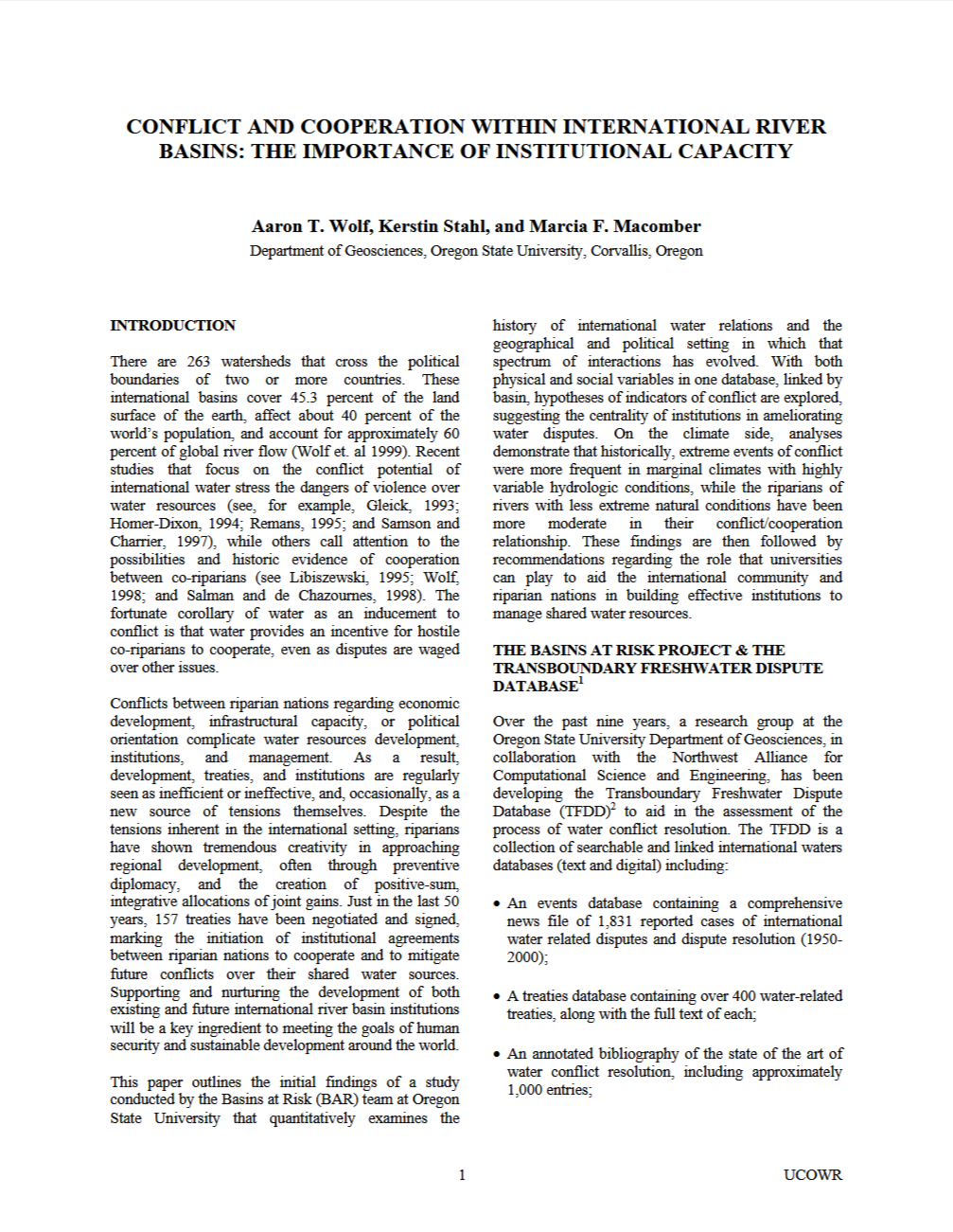 Conflict and Cooperation Within International River Basins: The Importance of Institutional Capacity
