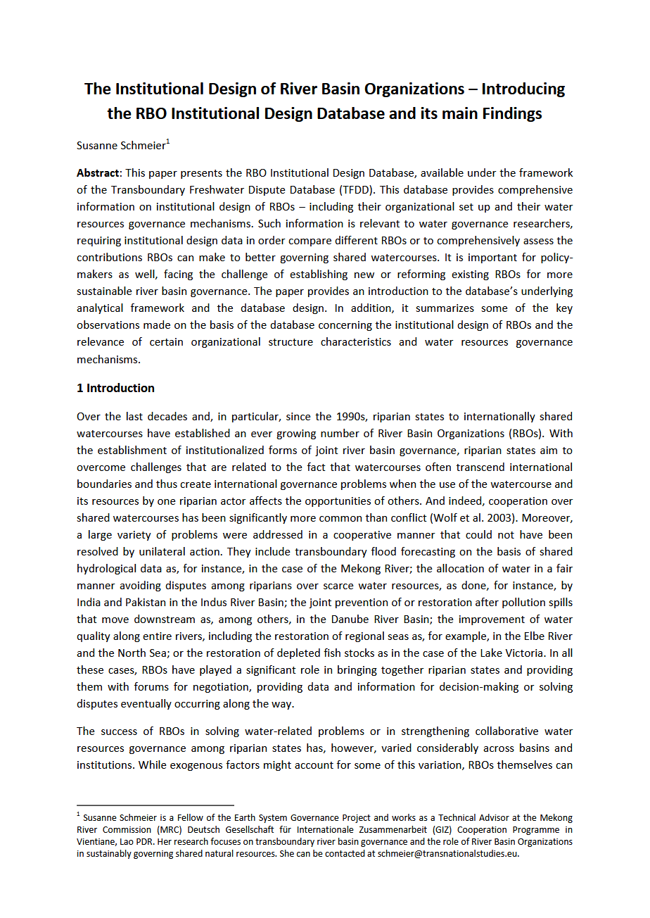 The Institutional Design of River Basin Organizations–Introducing the RBO, Institutional Design Database and its main Findings