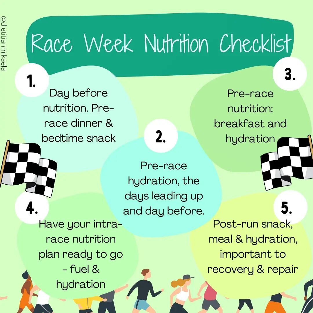 Race week is coming up for some runners or there will be a race in your future! Do you have your race week nutrition dialed it? 
.
Here is a quick checklist to help make sure your nutrition is on point leading up to you race *save to keep as a friend