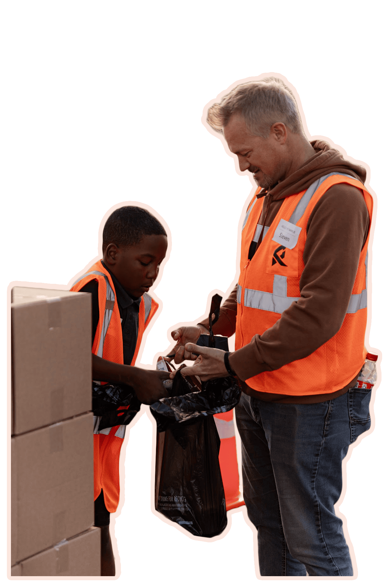 White male holding grocery bag, black child filling bag