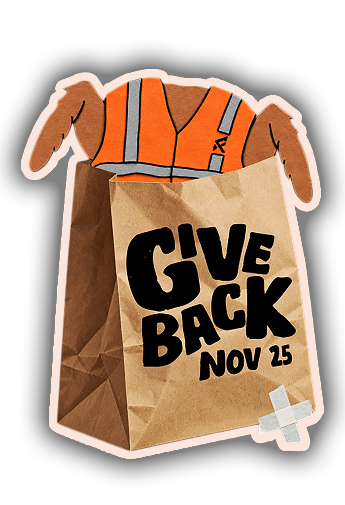 grocery bag with turkey inside text says give back Nov 25