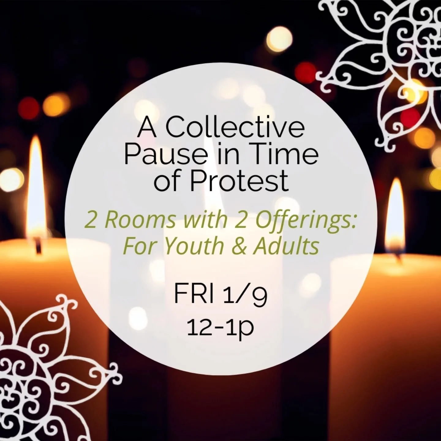 'A COLLECTIVE PAUSE IN TIME OF PROTEST' - FREE for ADULTS / YOUTH

'A COLLECTIVE PAUSE IN TIME OF PROTEST' 
-&nbsp;FREE
2 rooms with 2 offerings
for Youth and Adults&nbsp;to gather, connect, and process so we can reemerge into our community efforts f