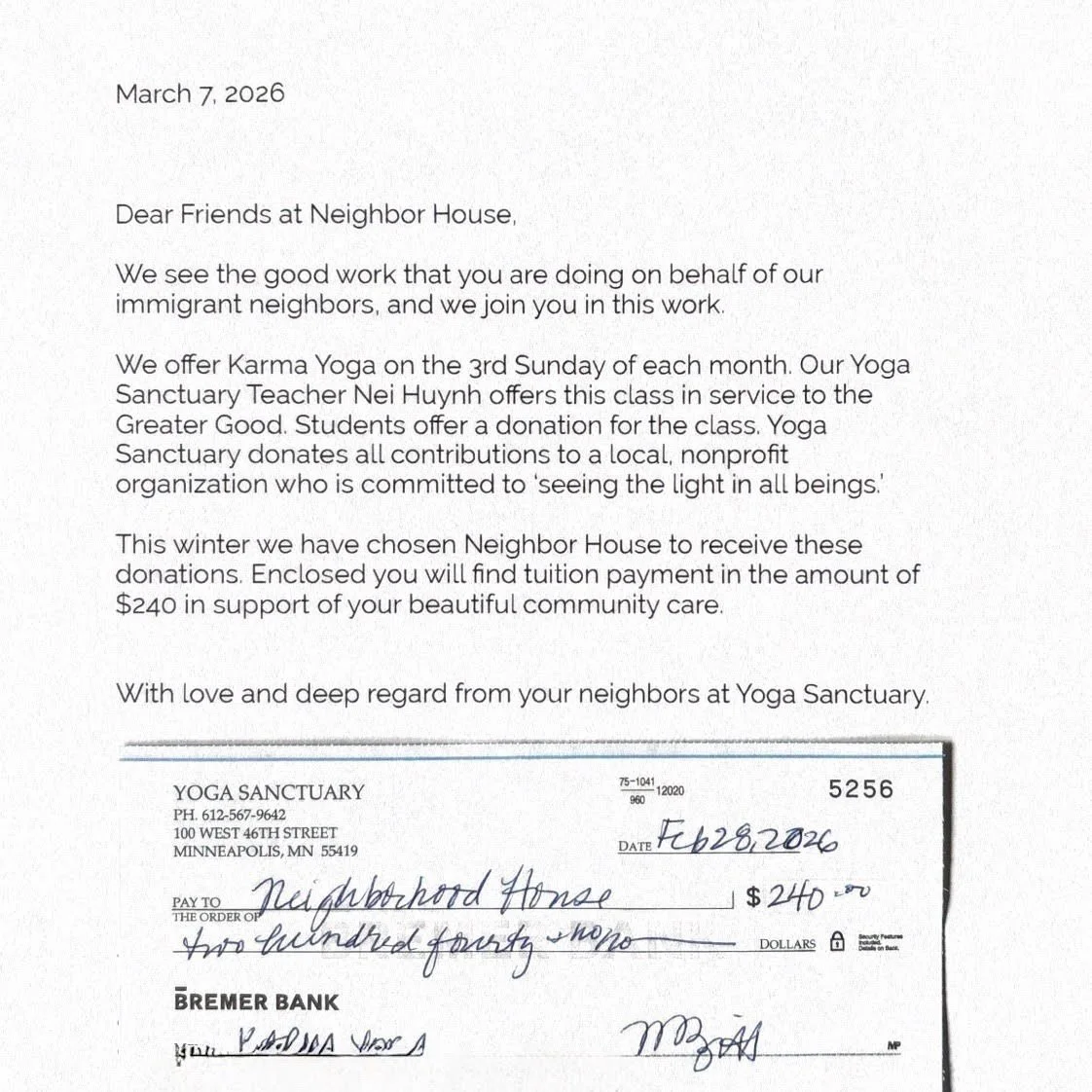 Over the past few months, your attendance and donations at the Monthly Karma Yoga Classes with Nei Huynh @yogininei have brought in $240 worth of donations- 100% of which got delivered to Neighbor House. They are an organization supporting immigrant 