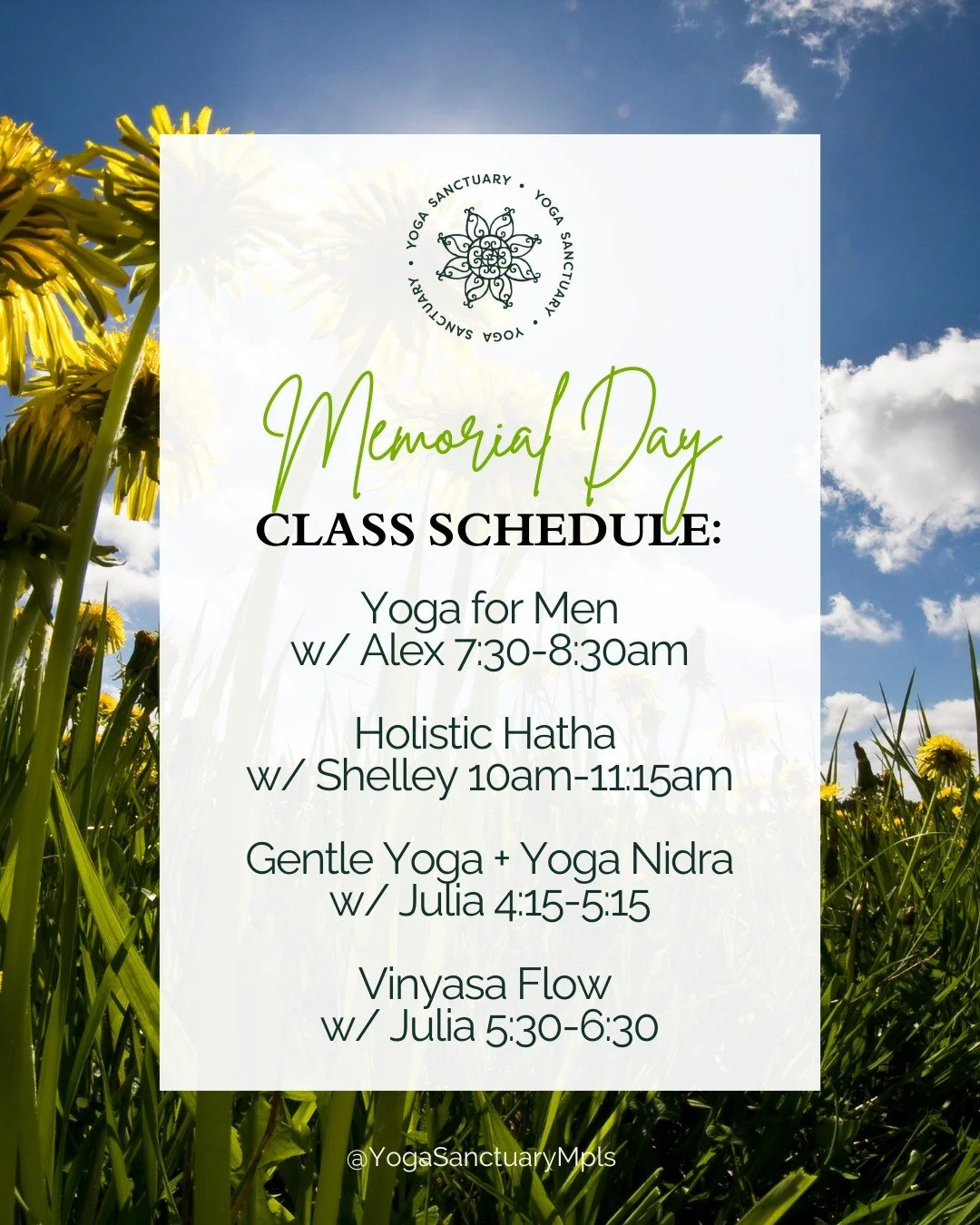 We have classes today! Whether you are in town and want to join in studio, or away for the weekend and want to join online from wherever you are, we would love to see you! 

Yoga for men w/ Alex 7:30-8:30a
Holistic Hatha w/ Shelley 10-11:15am
Gentle 