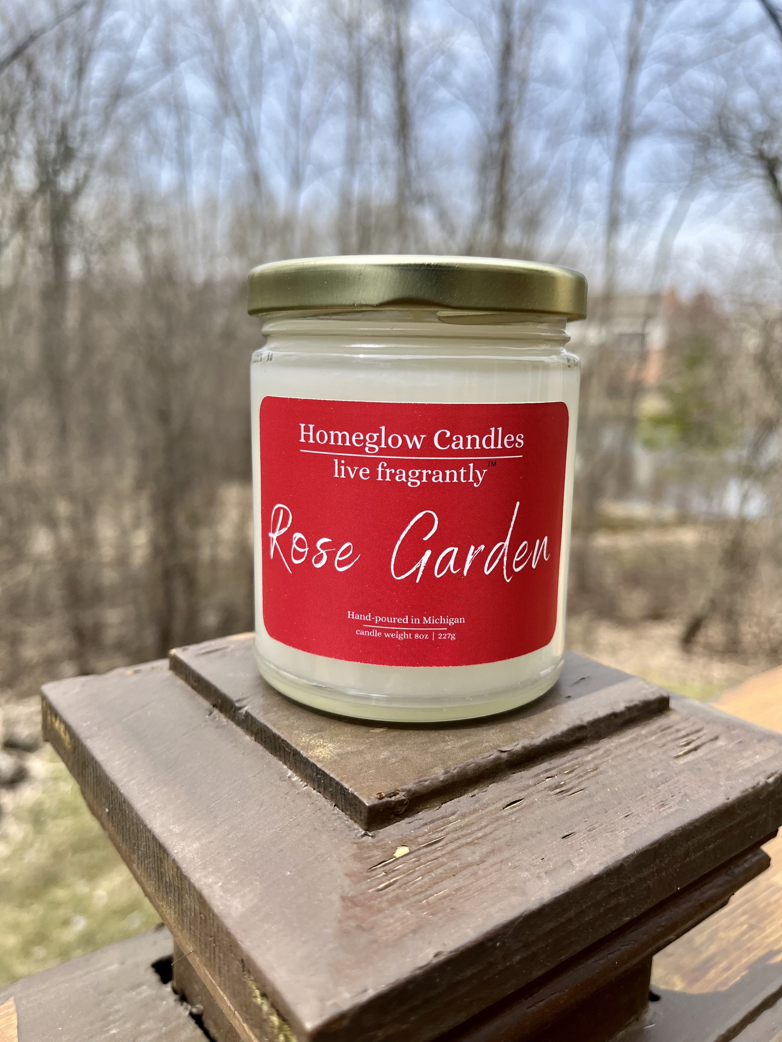 Rose Garden candle outside during springtime