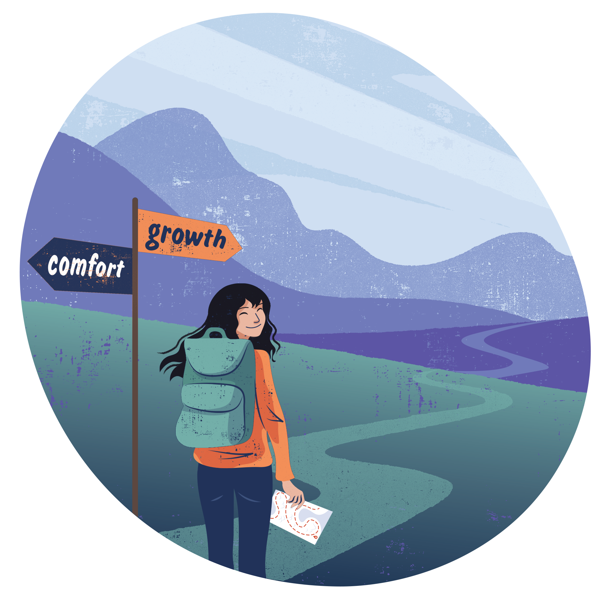 Illustration of a woman standing outdoors with a backpack, holding a map and a hiking shoe, surrounded by mountains and a cloudy sky, with signs pointing to different directions labeled 'growth' and 'comfort.'