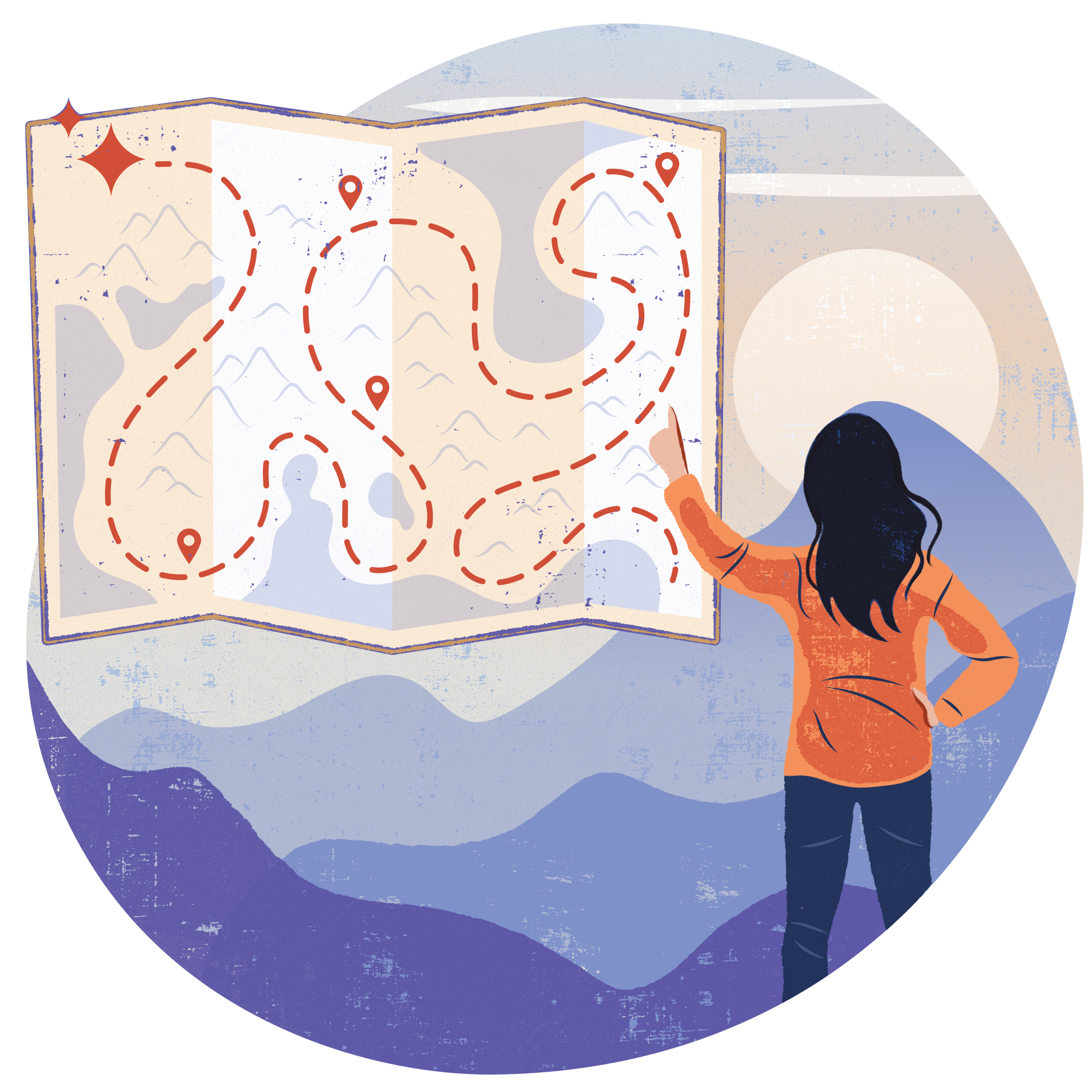 An illustration of a woman with long dark hair wearing an orange sweater and dark pants, pointing to a colorful illustrated map with dotted paths, mountain icons, and location markers; the map hangs in the sky amid beautiful mountains.