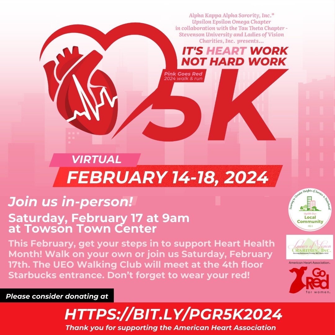 Pink goes Red this February! This month, join Alpha Kappa Alpha Sorority, Inc.&reg; Upsilon Epsilon Omega Chapter, the Timeless Tau Theta Chapter (@TauTheta_AKA) and Ladies of Vision Charities, Inc. (@lov_charities) get your steps in to support Heart