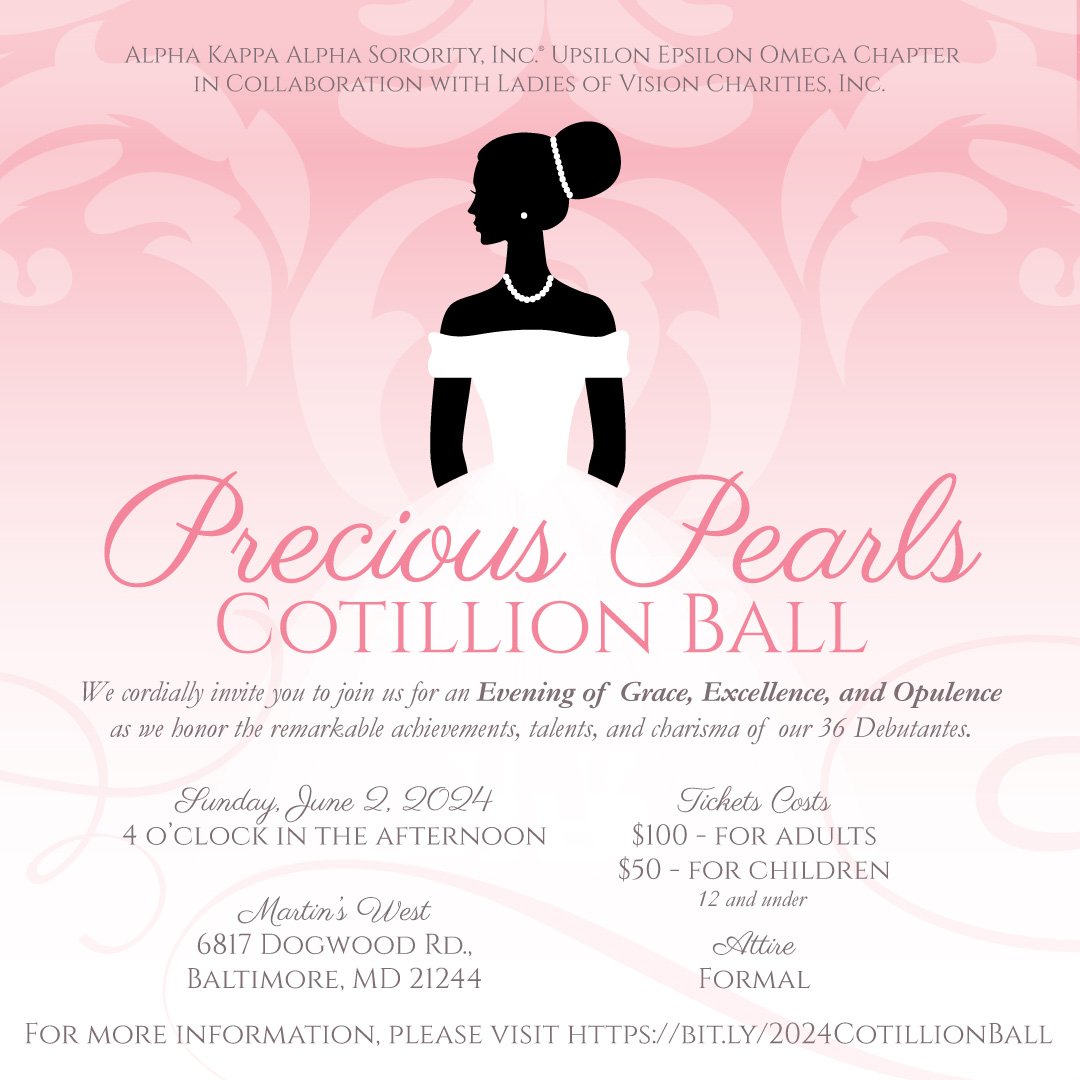 We cordially invite you to join Alpha Kappa Alpha Sorority, Inc.&reg; Upsilon Epsilon Omega Chapter and Ladies of Vision Charities (@LOVCharities) for the 2024 Precious Pearls Cotillion Ball. Enjoy an evening of Grace, Excellence, and Opulence as we 