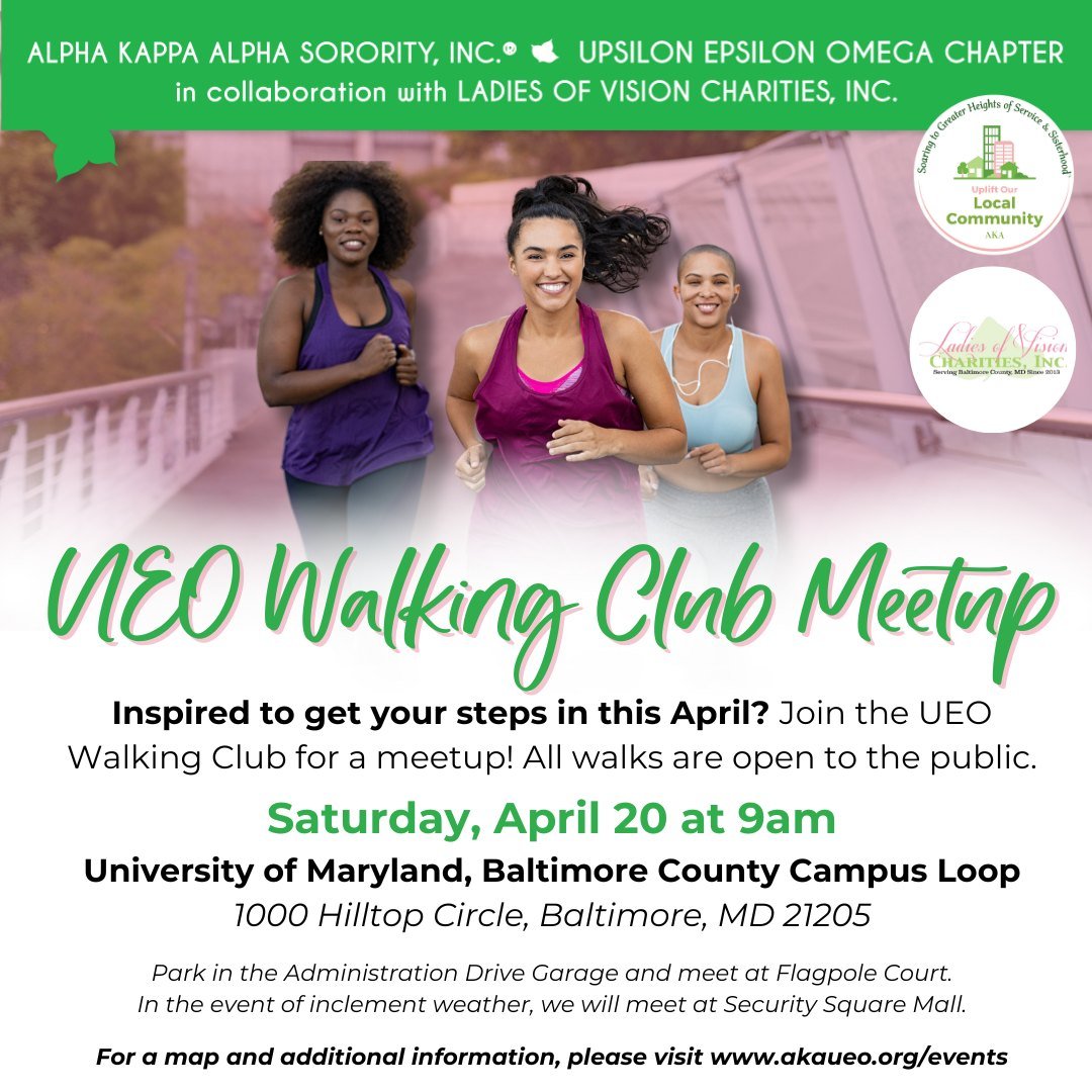 Inspired to get your steps in this April?  Join the UEO Walking Club for a meetup! All walks are open to the public.

Saturday, April 20 at 9am at University of Maryland, Baltimore County Campus Loop (1000 Hilltop Circle, Baltimore, MD 21205). 

Park