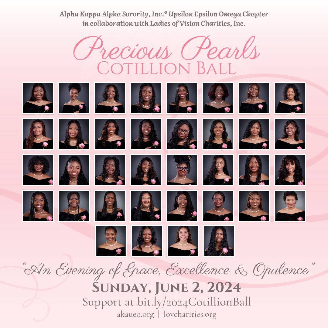 We cordially invite you to join Alpha Kappa Alpha Sorority, Inc.&reg; Upsilon Epsilon Omega Chapter and Ladies of Vision Charities for the 2024 Precious Pearls Cotillion Ball. Enjoy an evening of Grace, Excellence, and Opulence as we honor the remark