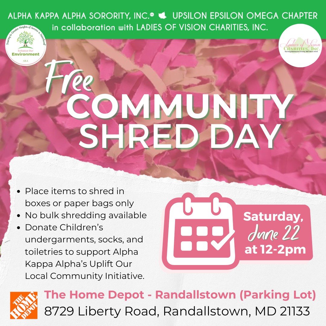 It's time to get rid of all those papers creating clutter! On Saturday, June 22, stop by the Home Depot Parking Lot in Randallstown for UEO's Free Community Shred Day.

Don't forget...
- Please place items to shred in boxes or paper bags only and no 