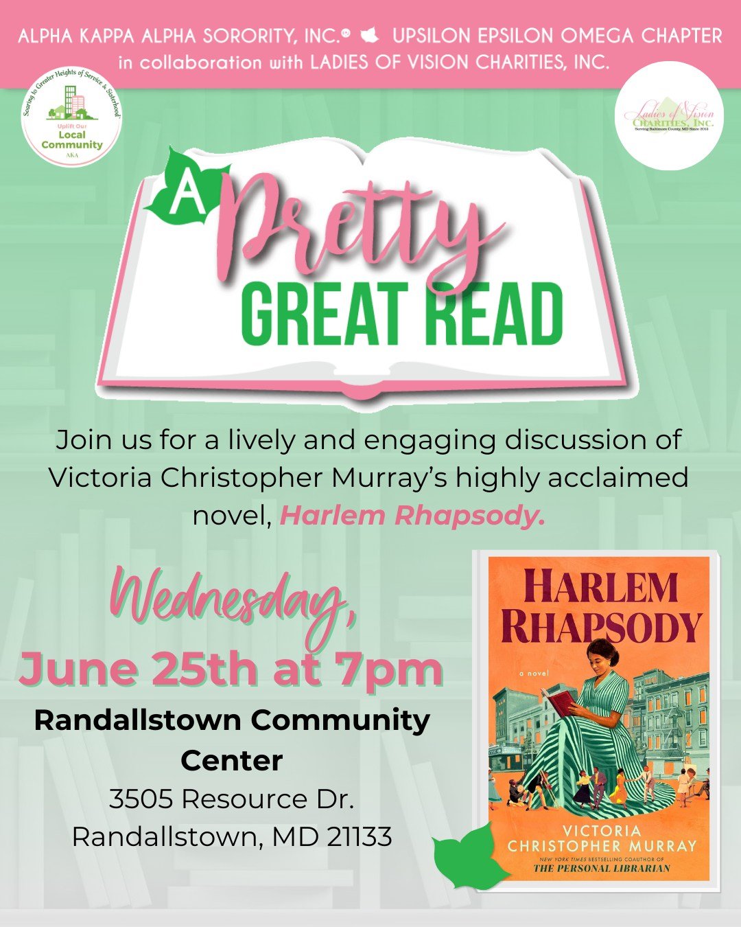 We can't wait to hear your thought's on this month's book club pick! Join UEO and @@lov_charities for A Pretty Great Read Book Discussion on &quot;Harlem Rhapsody&quot; by Victoria Christopher Murray.

We hope you can be a part of the conversation on