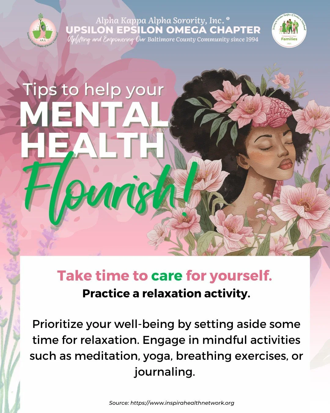 Wellness Wednesday - Self-care is essential! 🩷💚Life can be busy and we often try to pour from an empty cup, but it's important to take some time just for YOU!✨
Today, be intentional and refill your mind, body, and soul.😉

#AKA1908 #AKAUEO #MentalH