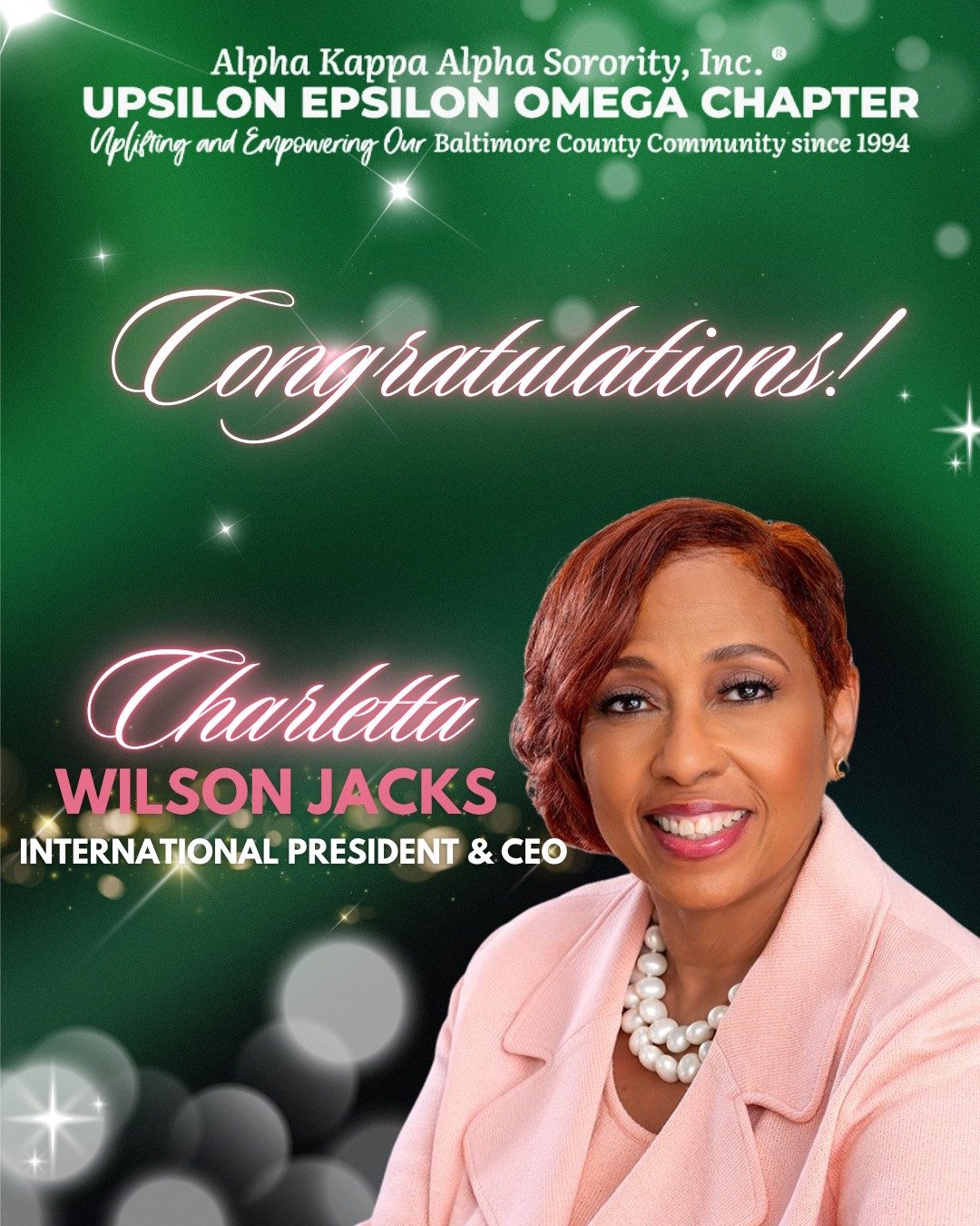The Upsilon Epsilon Omega Chapter is excited to celebrate the newly elected leaders of Alpha Kappa Alpha Sorority, Incorporated.&reg; 

💗International President &amp; CEO, Charletta Wilson Jacks
💚International First Vice President, Carrie J. Clark
