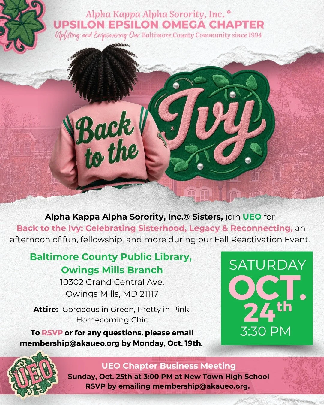 💗💚 Sisters, it's time to come BACK TO THE IVY! 🌿
The bonds of sisterhood never fade, and there's always room to reconnect!

Join the Upsilon Epsilon Omega Chapter of Alpha Kappa Alpha Sorority, Incorporated&reg; for Back to the Ivy: Celebrating Si