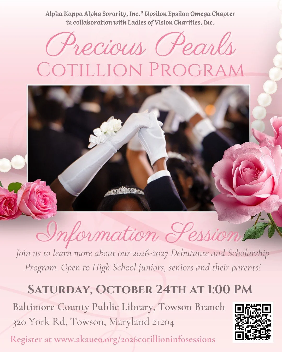 Calling all junior and senior high school students!🗣📢
Alpha Kappa Alpha Sorority, Inc.&reg; Upsilon Epsilon Omega Chapter  and Ladies of Vision Charities, Inc.'s Precious Pearls Cotillion Program is back for the 2026-2027 season. 

Join us this Sat