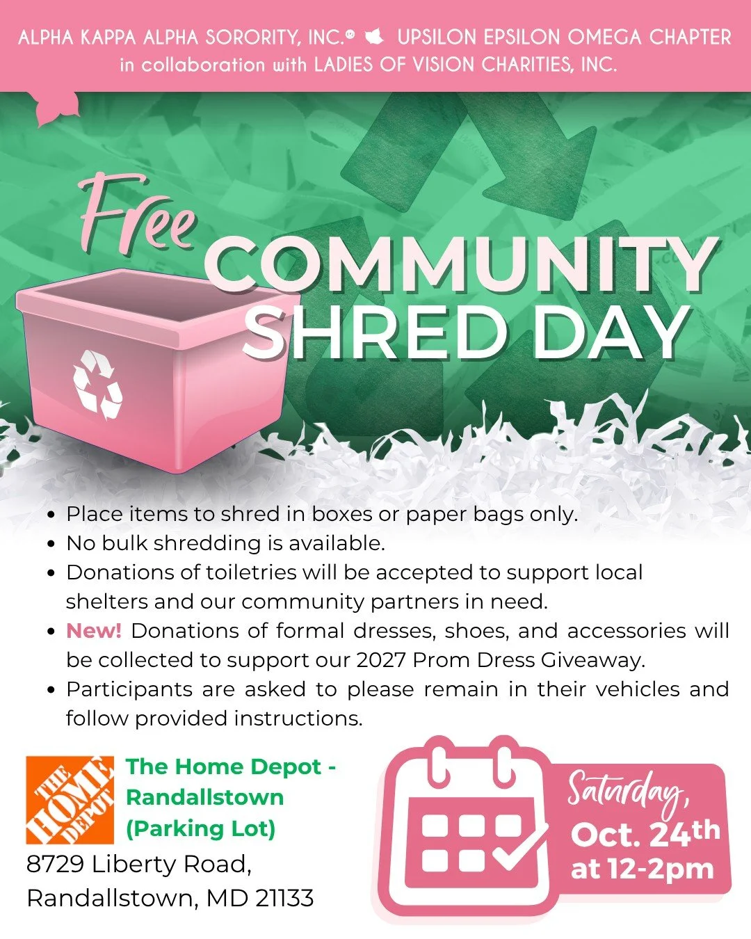 Ready to clear the clutter? Mark your calendars for this Saturday!
Upsilon Epsilon Omega Chapter and @lov_charities is excited to host our Fall Community Shred Day at Home Depot in Randallstown. 

Clear out those old files, protect your personal info