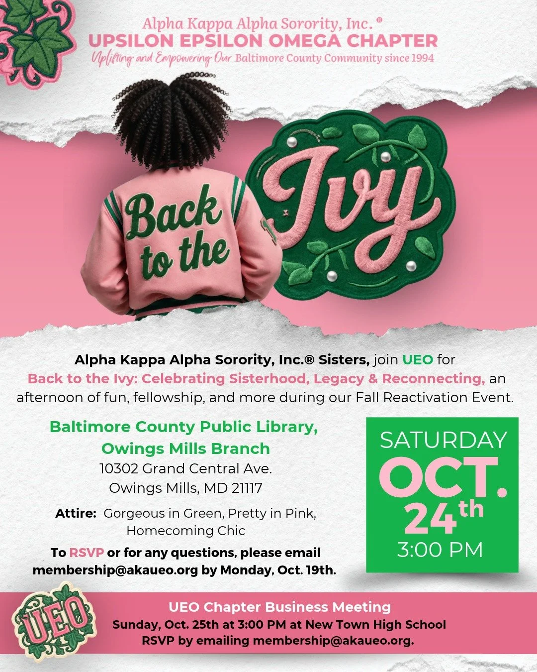 🌿 UEO HOMECOMING is TOMORROW! 💗💚

The pink and green is ready, the sisterhood is waiting, and we're excited to welcome our Sisters Back to the Ivy!

To everyone joining us Saturday, get ready for an afternoon filled with fellowship, memories and n