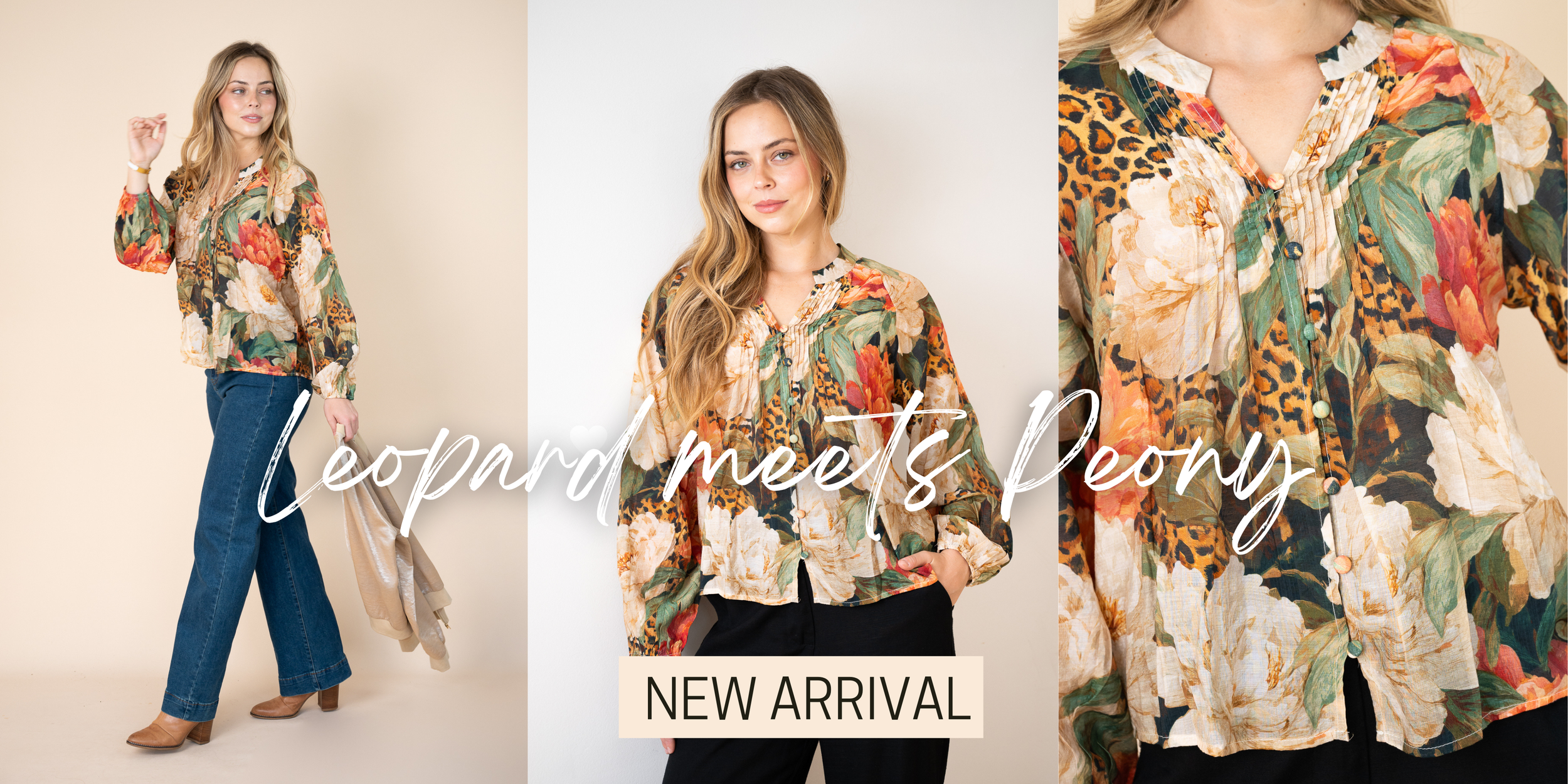 Fashion advertisement featuring a woman in a floral and animal print blouse, with the text 'leopard meets Daisy' and 'new arrival.'