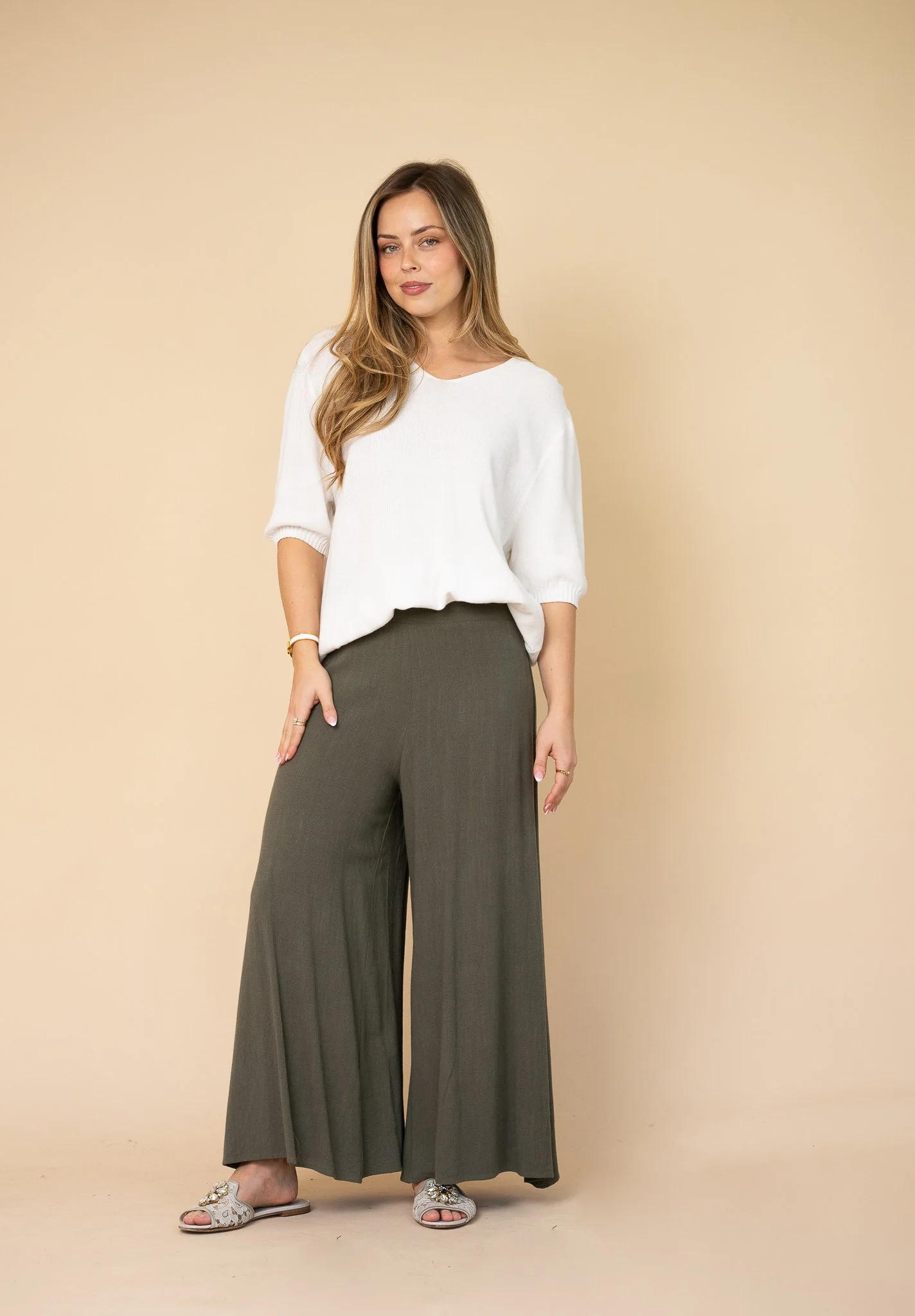 Code: P6141B | Khaki | 8-16 | Linen/ Viscose | Contact us for more colours